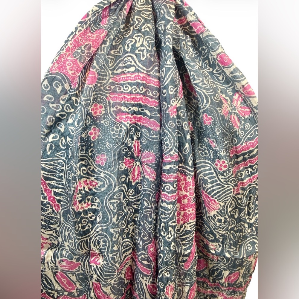 Silk Paisley Scarf with Fringe Boho Gray Pink Wrap Shawl